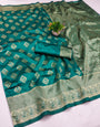 Engaging Rama Soft Silk Saree With Desultory Blouse Piece