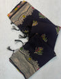 Embellished Black Banarasi Georgette Silk Saree With Flameboyant Blouse Piece