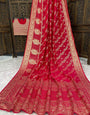 Alluring Red Banarasi Dola Silk Saree With Imbrication Blouse Piece