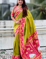 Blooming Mehndi Banarasi Pichwai Silk Saree With Stunner Blouse Piece