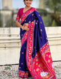 Vestigial Navy Blue Banarasi Pichwai Silk Saree With Exemplary Blouse Piece