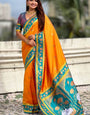 Staggering Orange Banarasi Pichwai Silk Saree With Mesmerising Blouse Piece