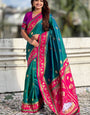 Breathtaking Rama Banarasi Pichwai Silk Saree With Refreshing Blouse Piece