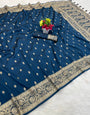 Lovely Navy Blue Pure Zari Weaving Banarasi Silk Saree With Jazzy Blouse Piece
