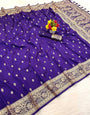 Lustrous Royal Purple Pure Zari Weaving Banarasi Silk Saree With Palimpsest Blouse Piece