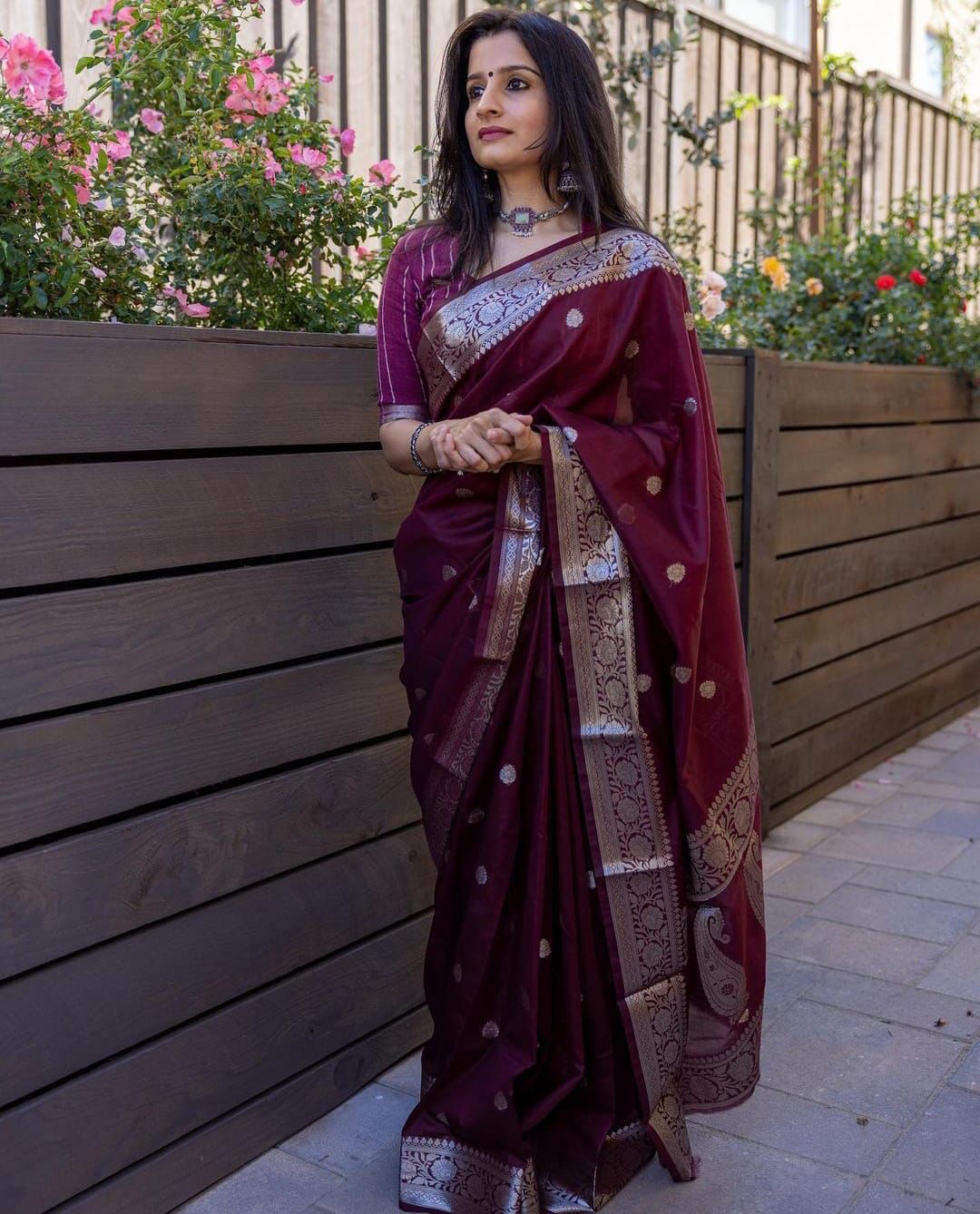 Majesty Maroon Soft Banarasi Silk Saree With Piquant Blouse Piece